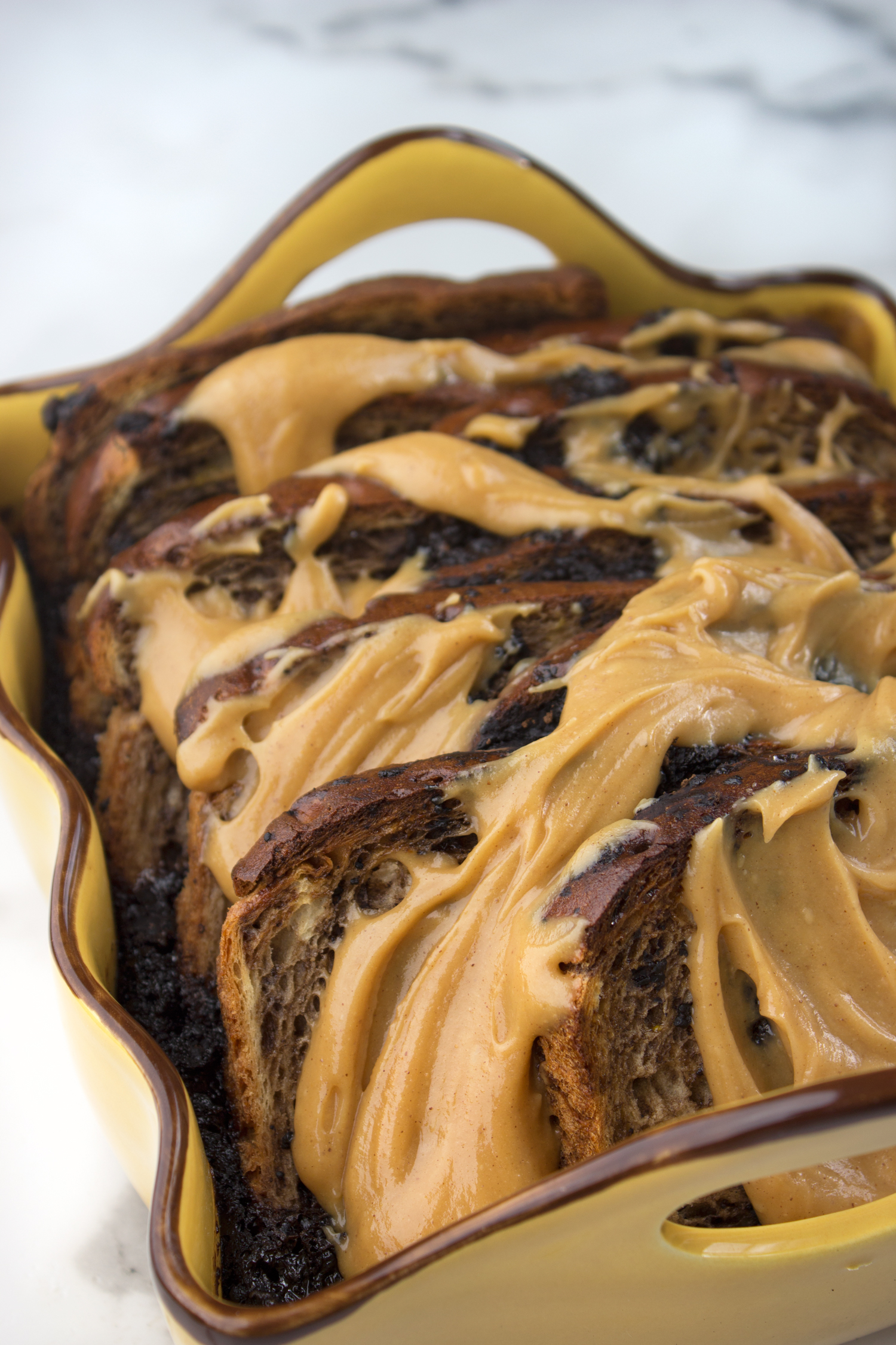 Hot Chocolate Baked French Toast with Peanut Butter Glaze Lauren Gaskill
