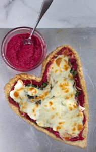 Heart Pizza with Beet Pesto, Spinach + Goat Cheese