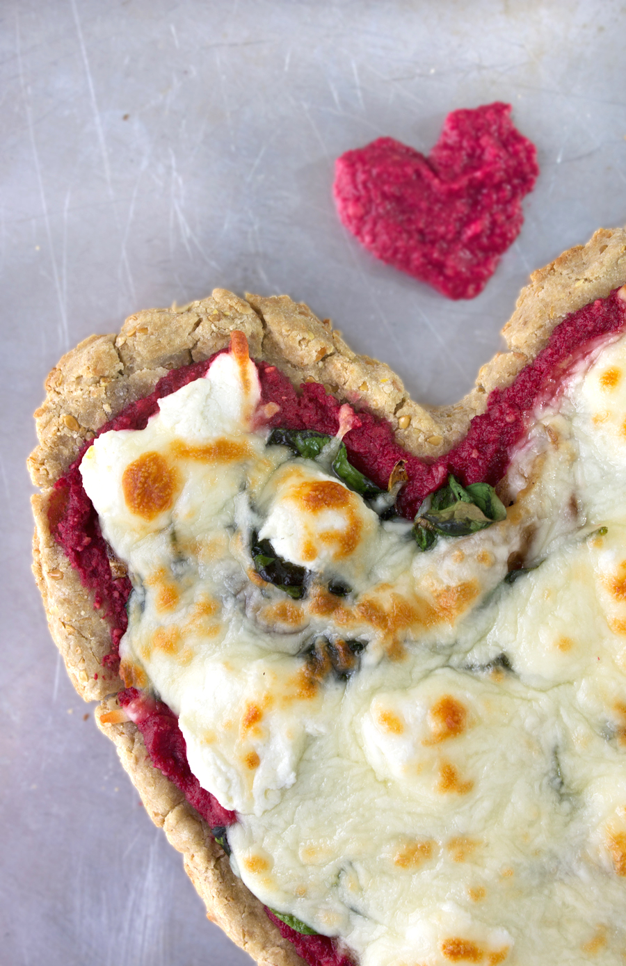 Heart Pizza with Beet Pesto, Spinach + Goat Cheese