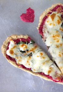 Heart Pizza with Beet Pesto, Spinach + Goat Cheese