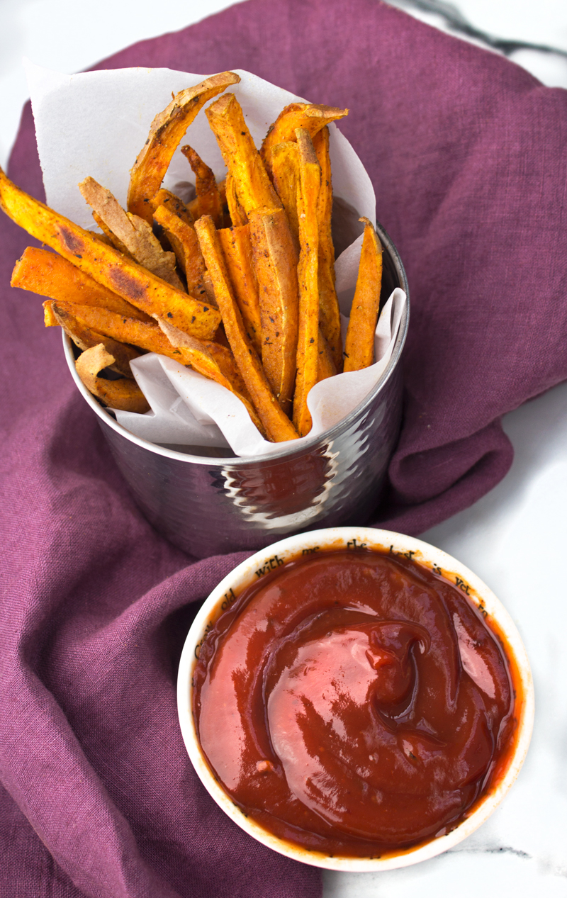Curried Baked Sweet Potato Fries with Chipotle Ketchup