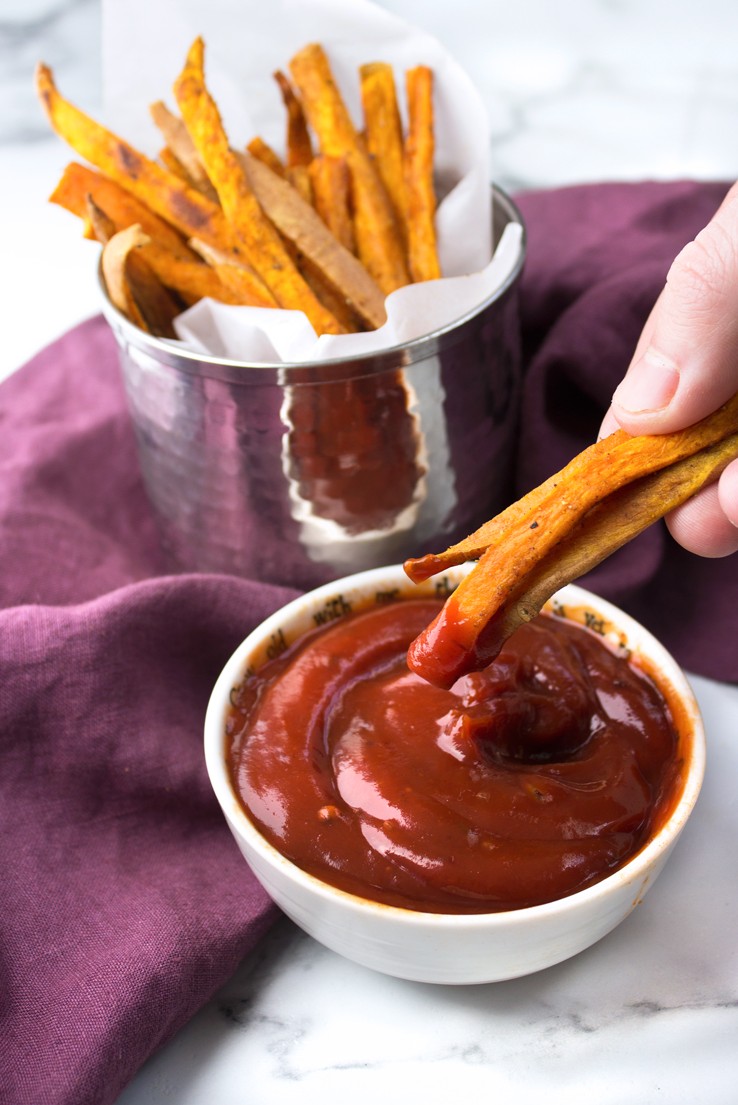 Curried Baked Sweet Potato Fries with Chipotle Ketchup