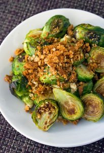 Fried Brussels Sprouts with Honey, Balsamic Vinegar + Toasted Breadcrumbs
