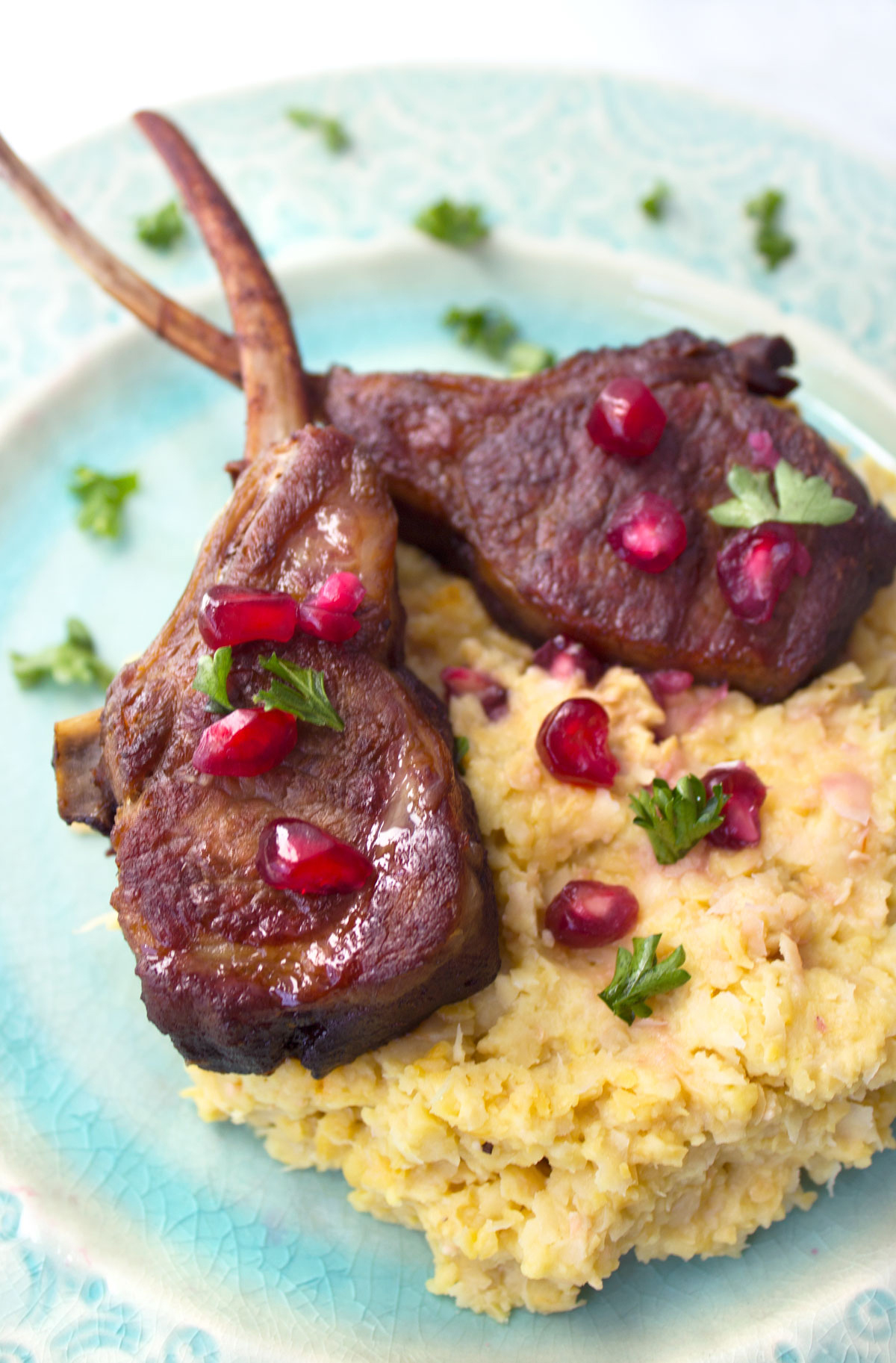 Pomegranate Braised Lamb with Lemony Chickpea Puree